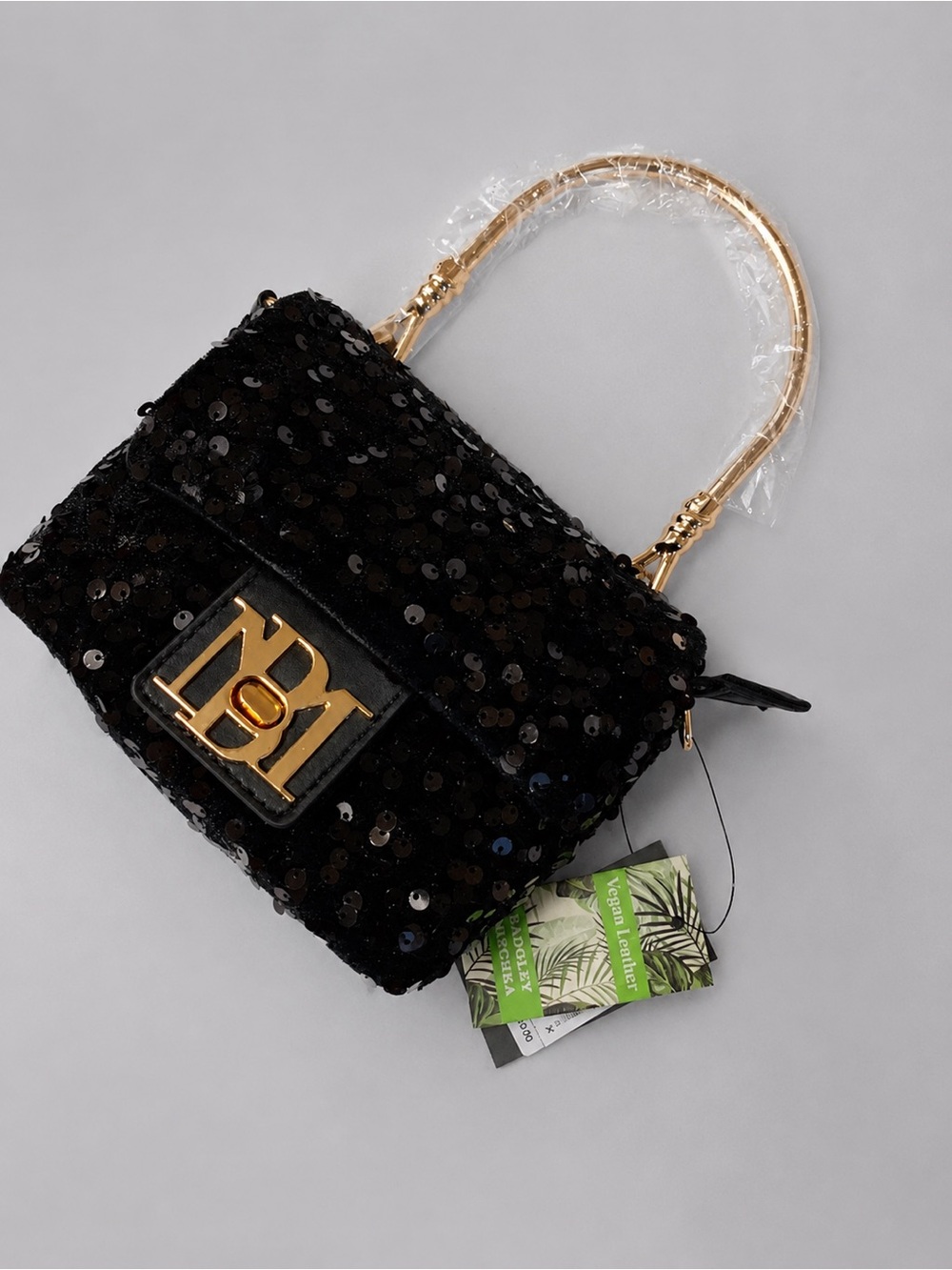 Badgley Mischka Black Sequin Mini Top-Handle Bag with Gold Accent NWTRetail $120